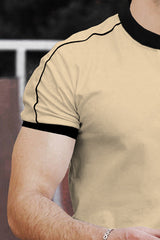 Men Beige V-neck Half Sleeve Zip Black Piping T-shirt