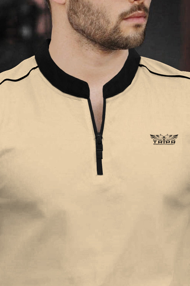 Men Beige V-neck Half Sleeve Zip Black Piping T-shirt