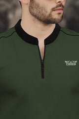 Men Olive Green Mandarin Collar Half Sleeve Zip Neck Black Piping T-shirt