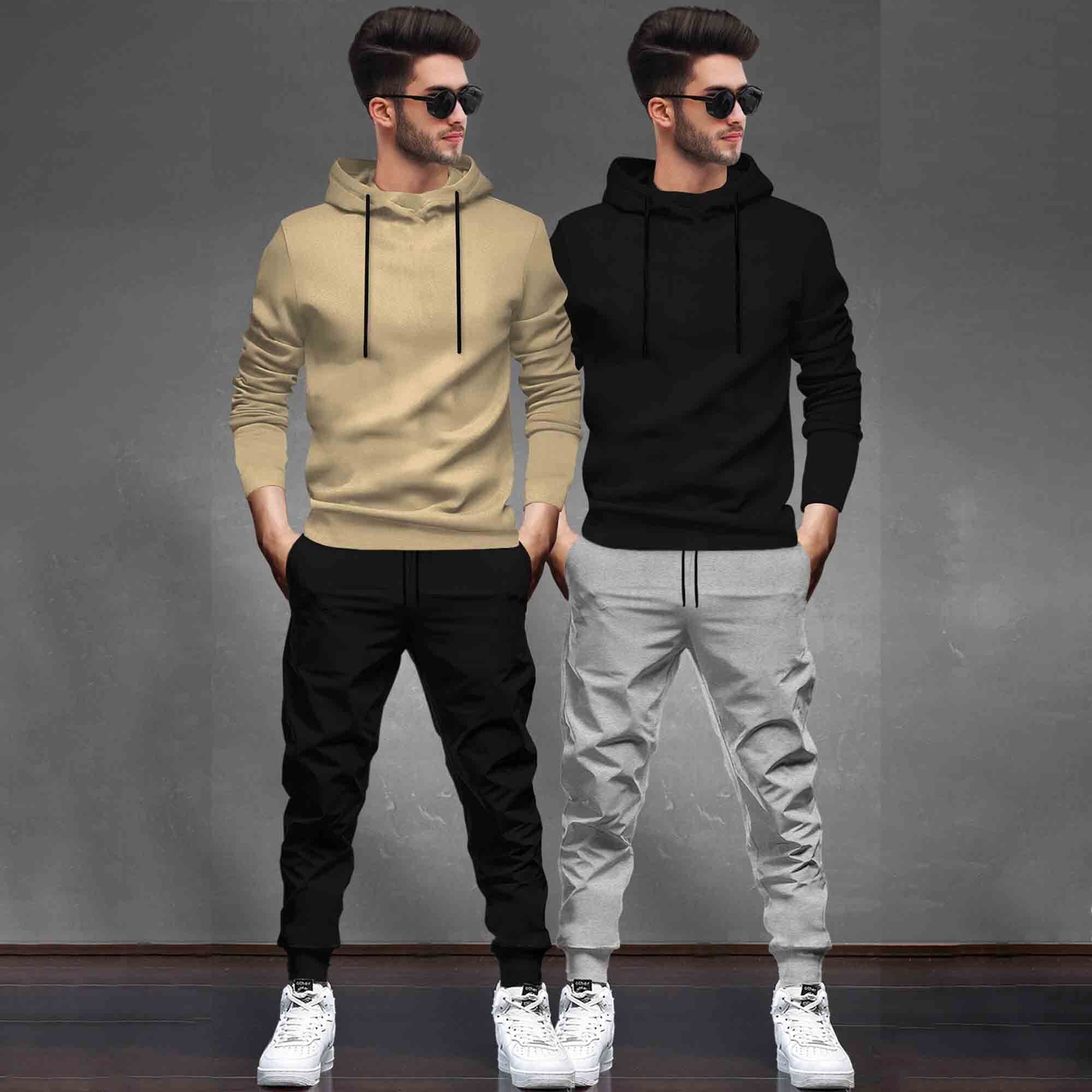 (Pack Of 2) Tracksuit Beige & Black Hooded T-shirts / Matching Trackpants