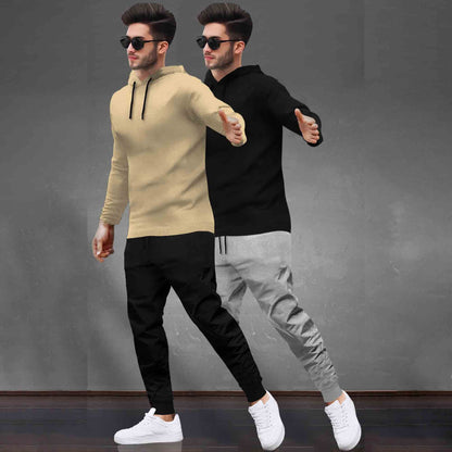(Pack Of 2) Tracksuit Beige & Black Hooded T-shirts / Matching Trackpants