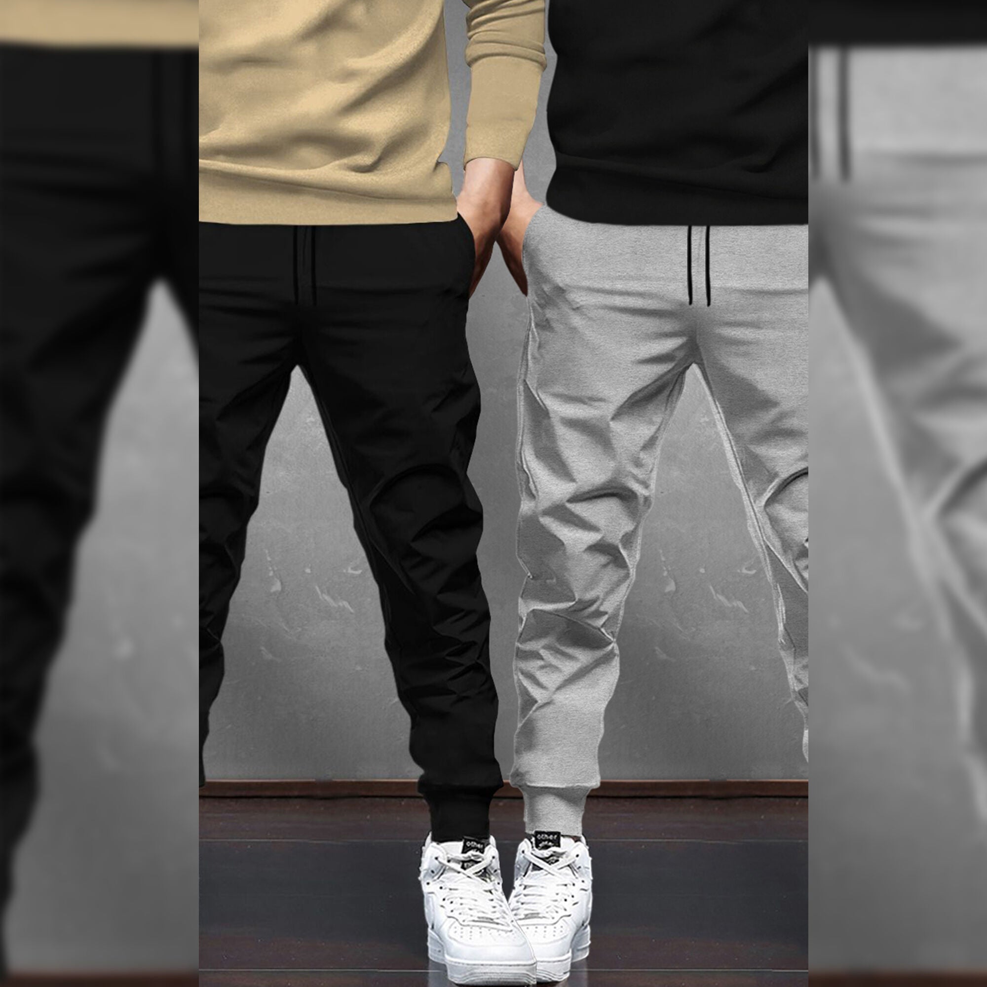 (Pack Of 2) Tracksuit Beige & Black Hooded T-shirts / Matching Trackpants