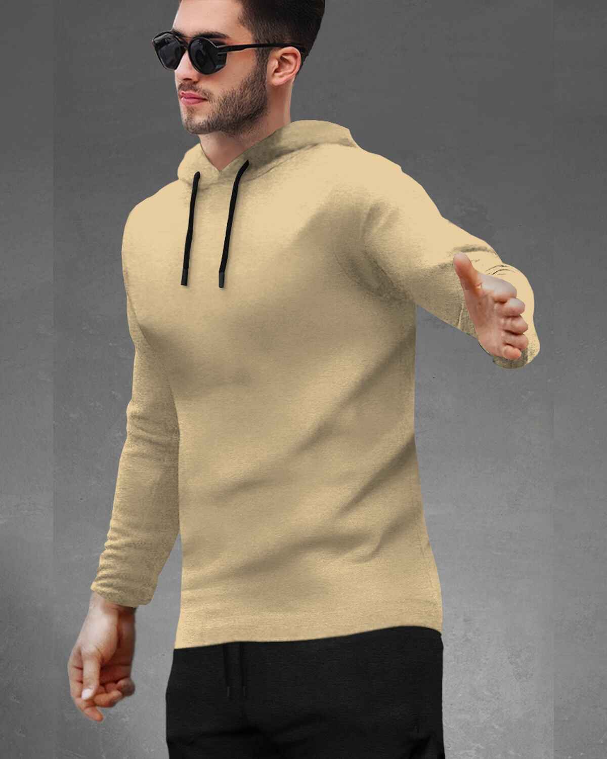 Mens Beige Full Sleeve Plain Hooded T-shirt