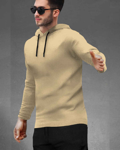 Mens Beige Full Sleeve Plain Hooded T-shirt