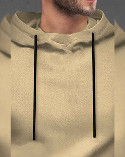 Mens Beige Full Sleeve Plain Hooded T-shirt