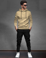 Tracksuit For Men Beige Hooded Full Sleeve T-shirt / Black Plain Trackpant