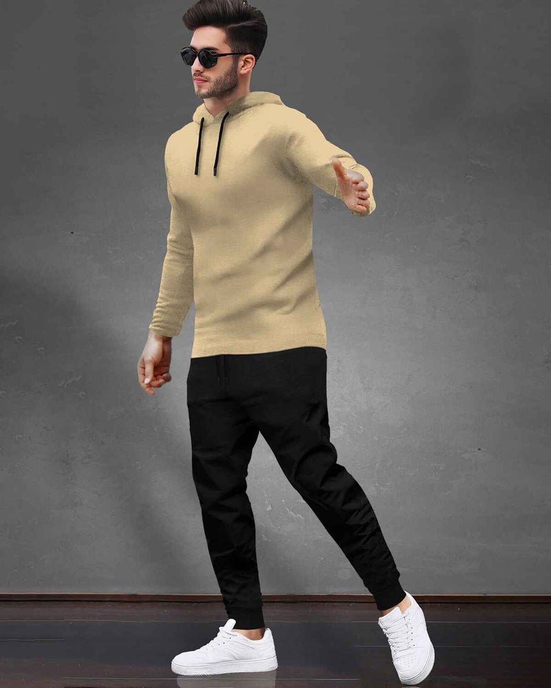 Tracksuit For Men Beige Hooded Full Sleeve T-shirt / Black Plain Trackpant