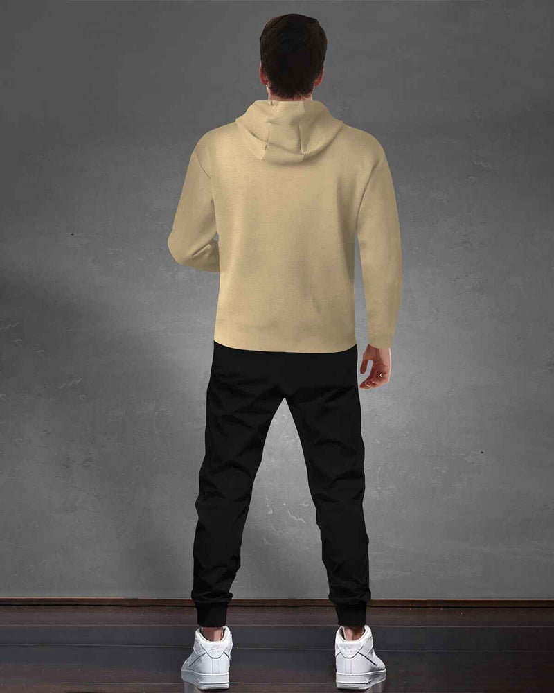 Tracksuit For Men Beige Hooded Full Sleeve T-shirt / Black Plain Trackpant