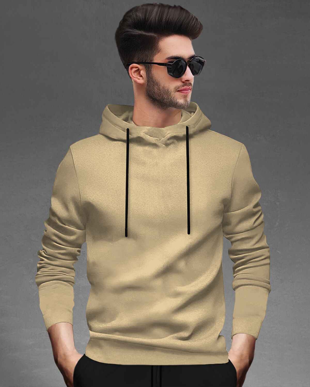 Tracksuit For Men Beige Hooded Full Sleeve T-shirt Black Plain Trackpant