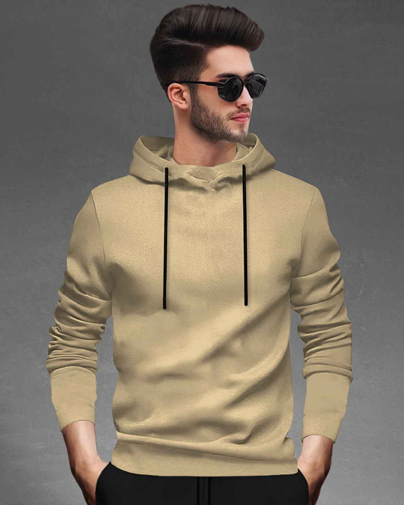 Tracksuit For Men Beige Hooded Full Sleeve T-shirt / Black Plain Trackpant
