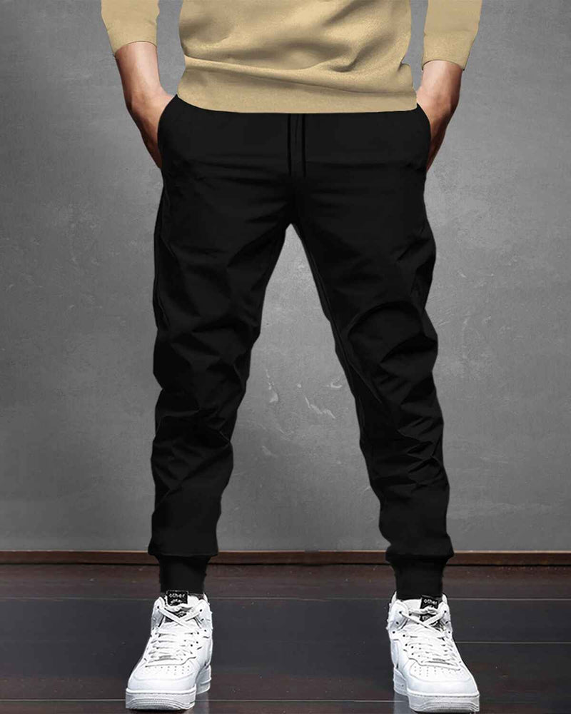 Tracksuit For Men Beige Hooded Full Sleeve T-shirt / Black Plain Trackpant