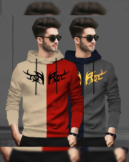 Pack Of 2 Full Sleeve Dual Color Printed Hooded T-shirts 7 Variants