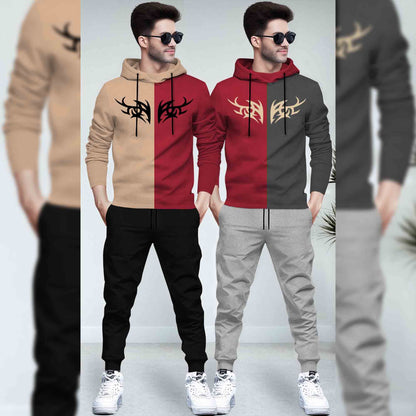 (Pack Of 2) Printed Tracksuit Beige & Red Hooded T-shirts - Matching Plain Trackpants