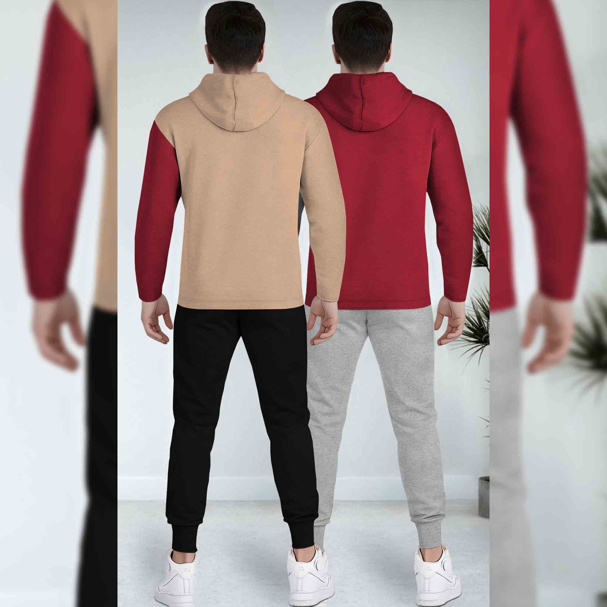 (Pack Of 2) Printed Tracksuit Beige & Red Hooded T-shirts - Matching Plain Trackpants