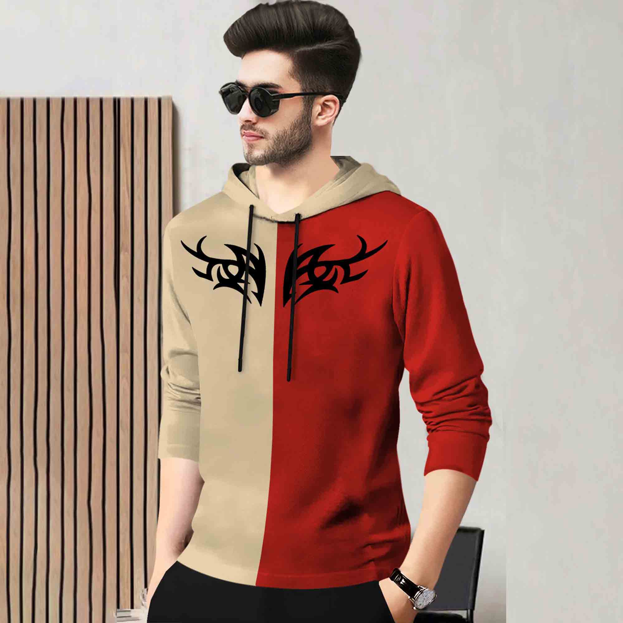 Mens Full Sleeve Hooded Neck Dual Color Printed T-shirt Beige & Red