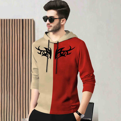 Mens Full Sleeve Hooded Neck Dual Color Printed T-shirt Beige & Red
