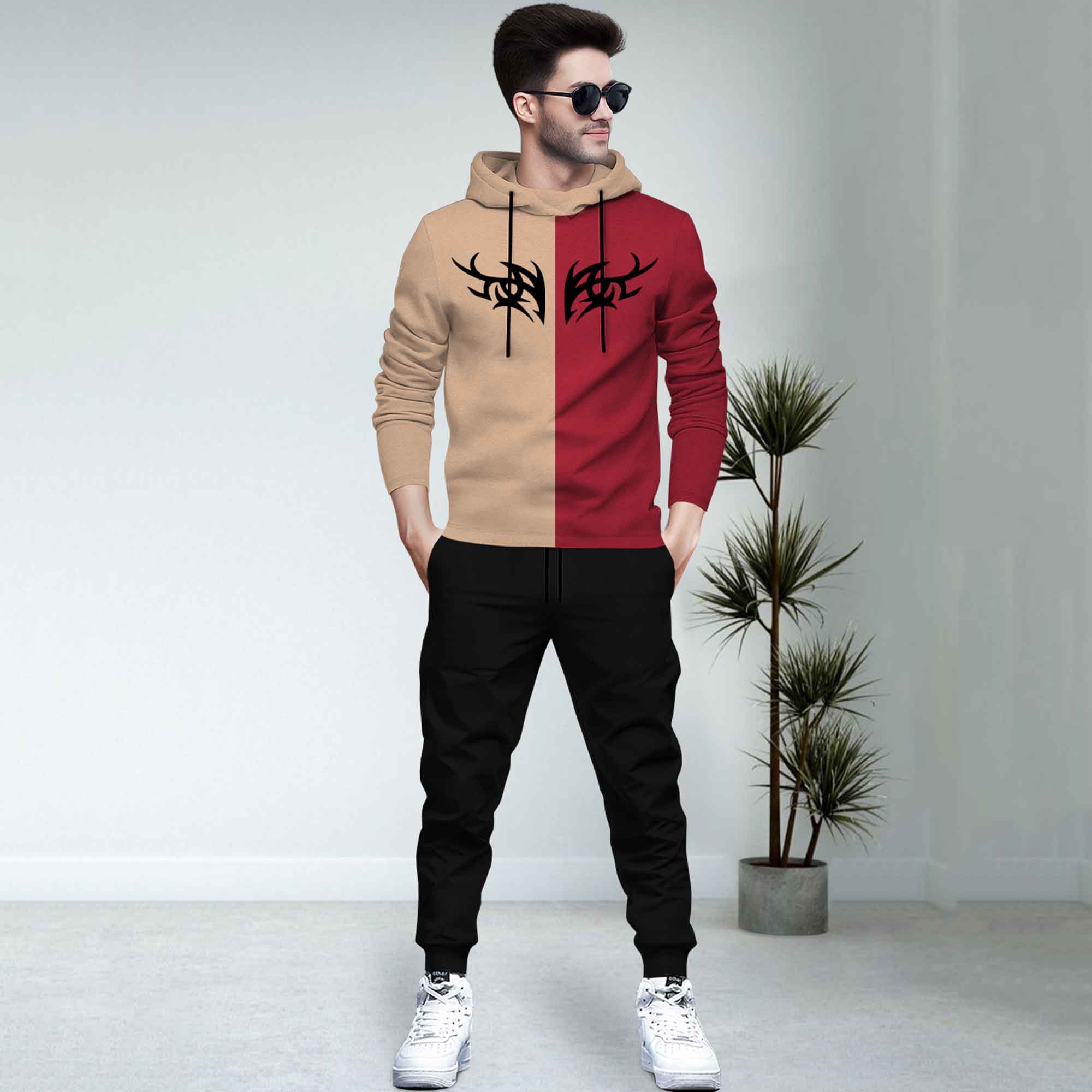 Dual Color Beige T-shirt With Matching TrackPant Hoodie Tracksuit