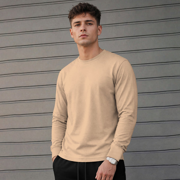 Mens Round Neck Full Sleeve Plain Beige T-shirt