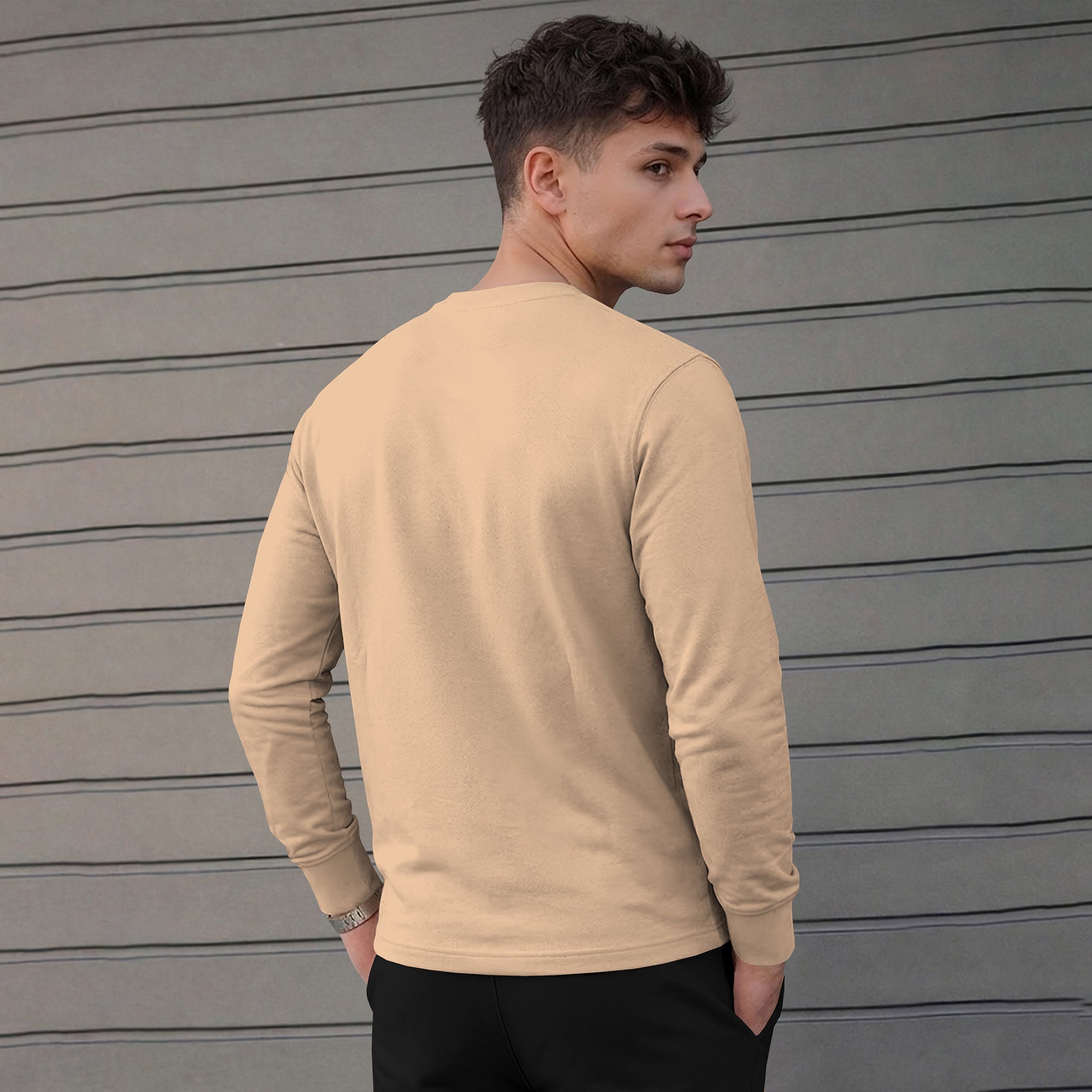 Mens Round Neck Full Sleeve Plain Beige T-shirt