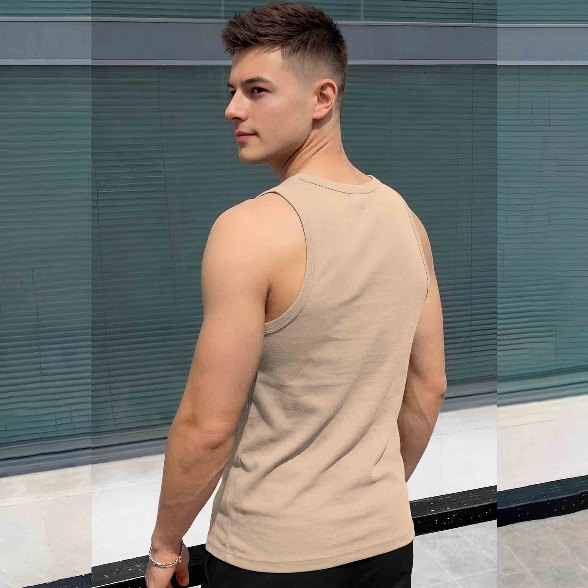 Men Scoop Neck Graphic Design Printed Vest Beige