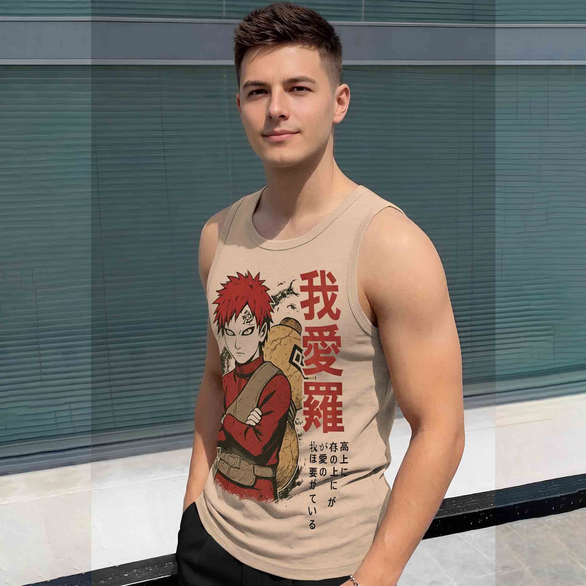 Men Scoop Neck Graphic Design Printed Vest Beige