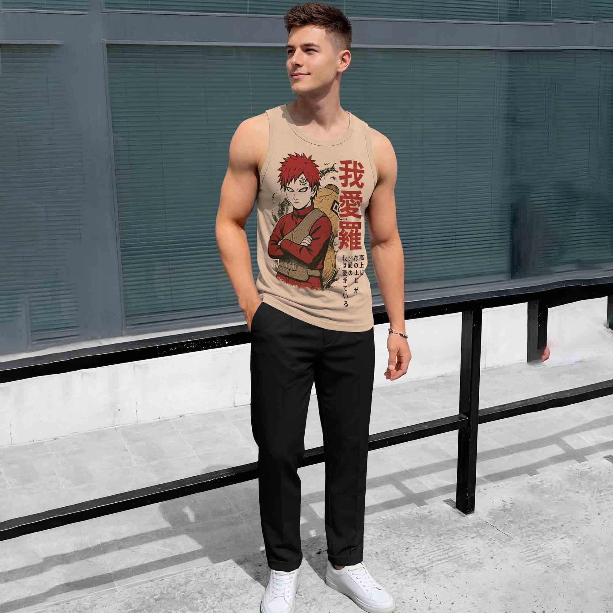 Men Scoop Neck Graphic Design Printed Vest Beige