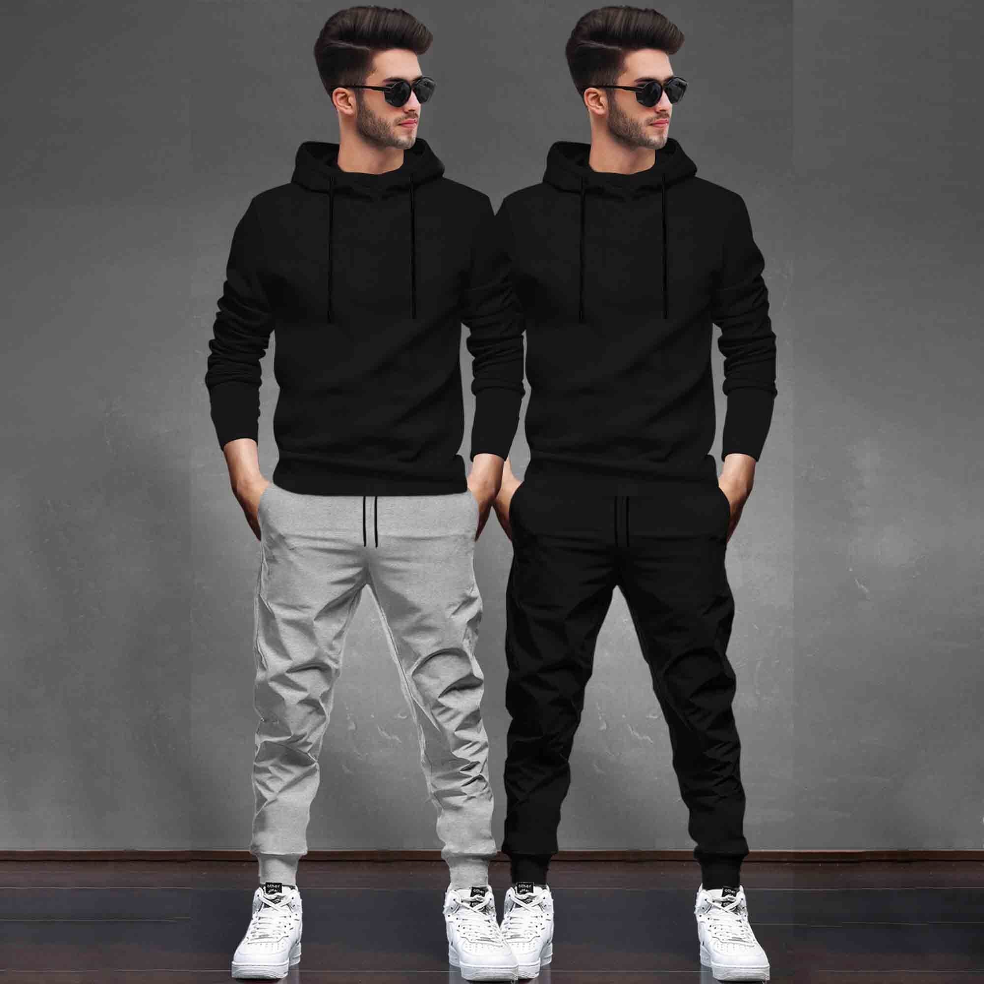 (Pack Of 2) Tracksuit Black Hooded T-shirts Matching Trackpants