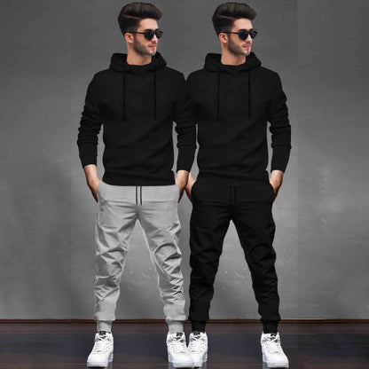 (Pack Of 2) Tracksuit Black Hooded T-shirts Matching Trackpants
