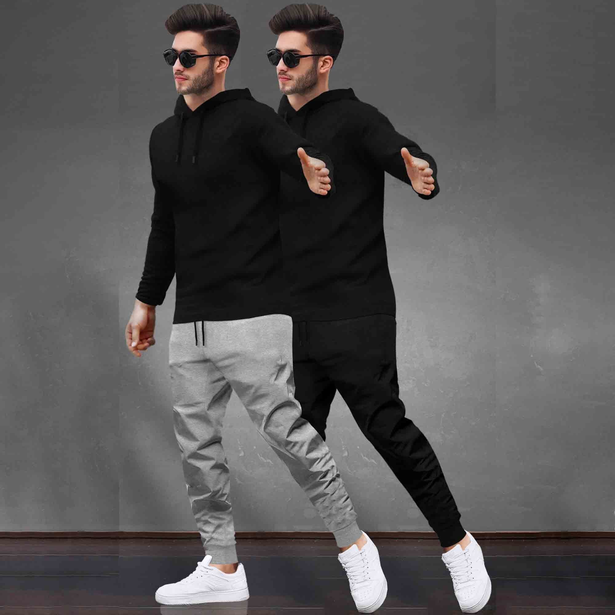 (Pack Of 2) Tracksuit Black Hooded T-shirts Matching Trackpants