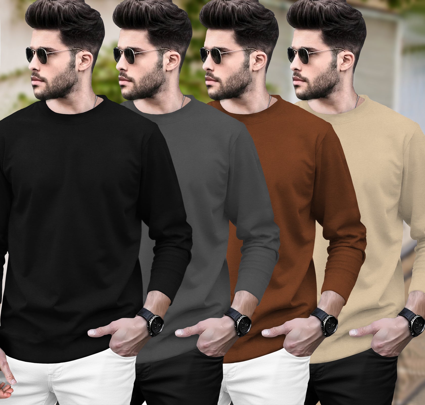 (Pack Of 4) Round Neck Full Sleeve Plain T-shirts