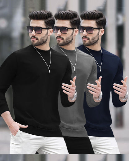 Mens Round Neck Full Sleeve Plain T-shirts (Pack Of 3)