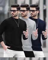 Mens Round Neck Full Sleeve Plain T-shirts (Pack Of 3)