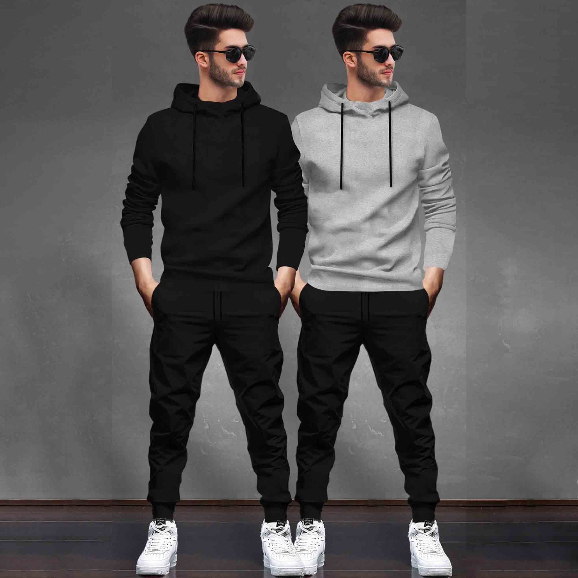 (Pack Of 2) Tracksuit Black & Grey Hooded T-shirts / Matching Trackpants