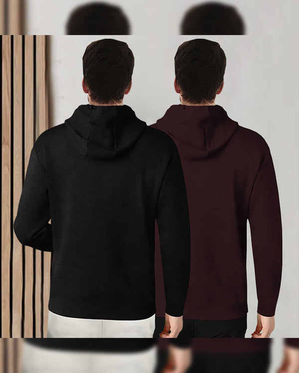 (Pack Of 2) Mens Full Sleeve Hooded Neck Printed T-shirt / Black & Maroon