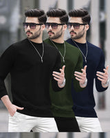 Mens Round Neck Full Sleeve Plain T-shirts (Pack Of 3)