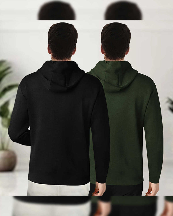 (Pack Of 2) Mens Full Sleeve Hooded Neck Printed T-shirt / Black & Olive