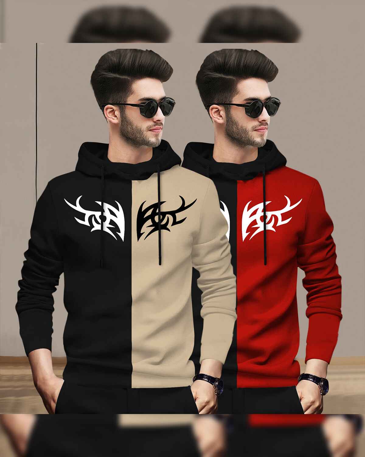 Pack Of 2 Full Sleeve Dual Color Printed Hooded T-shirts 7 Variants