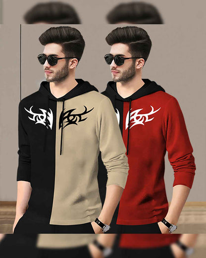 Pack Of 2 Full Sleeve Dual Color Printed Hooded T-shirts 7 Variants