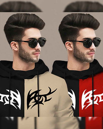 Pack Of 2 Full Sleeve Dual Color Printed Hooded T-shirts 7 Variants