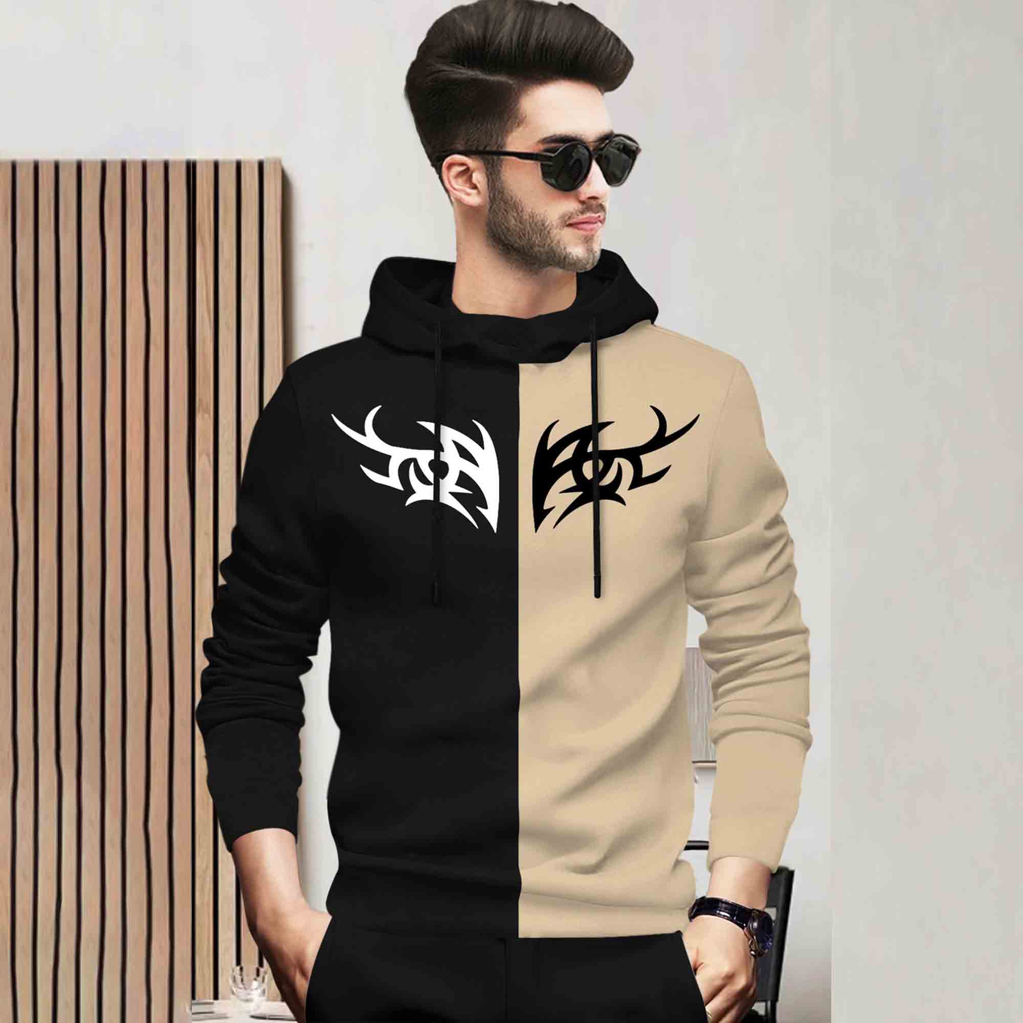 Mens Full Sleeve Hooded Neck Dual Color Printed T-shirt Black & Beige