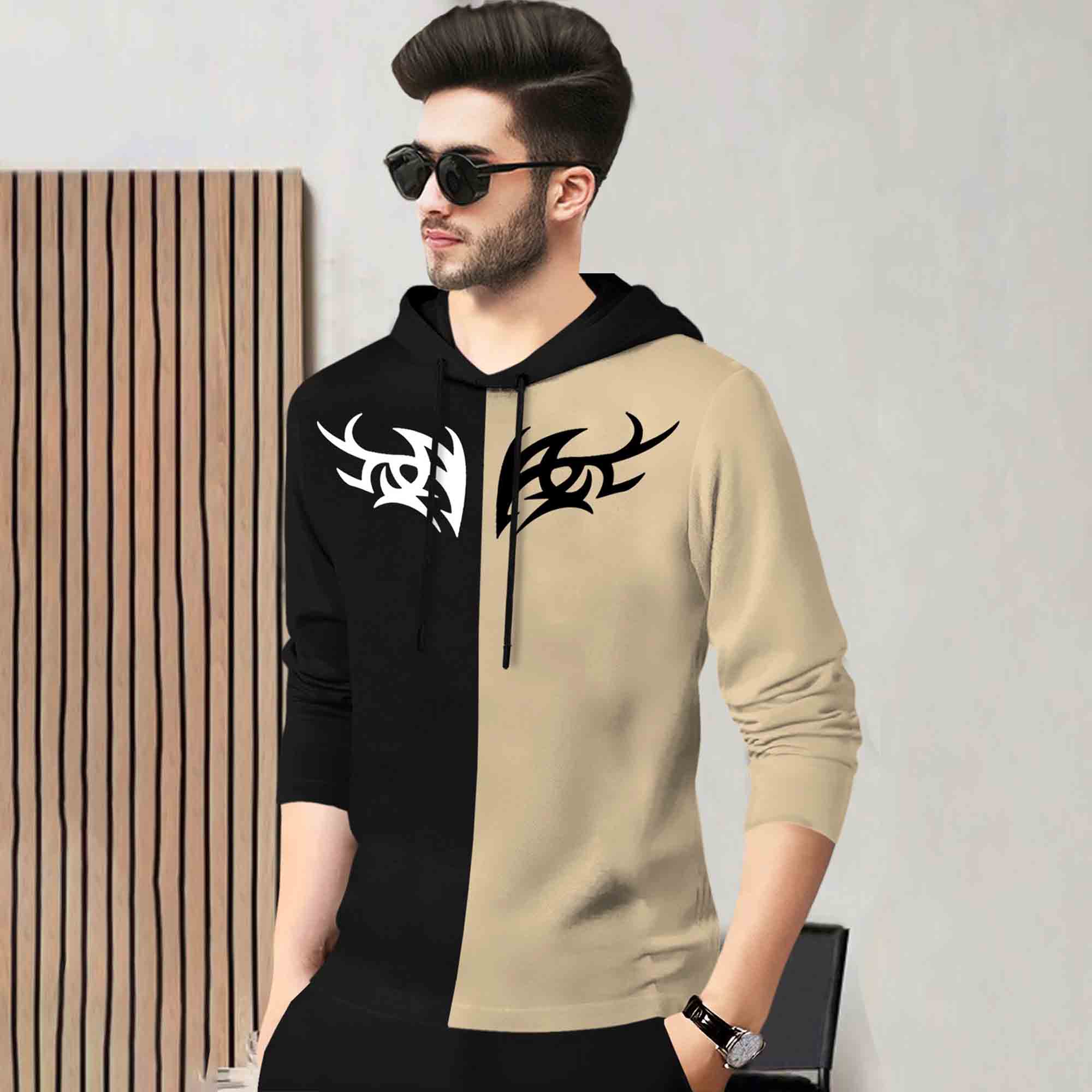 Mens Full Sleeve Hooded Neck Dual Color Printed T-shirt Black & Beige