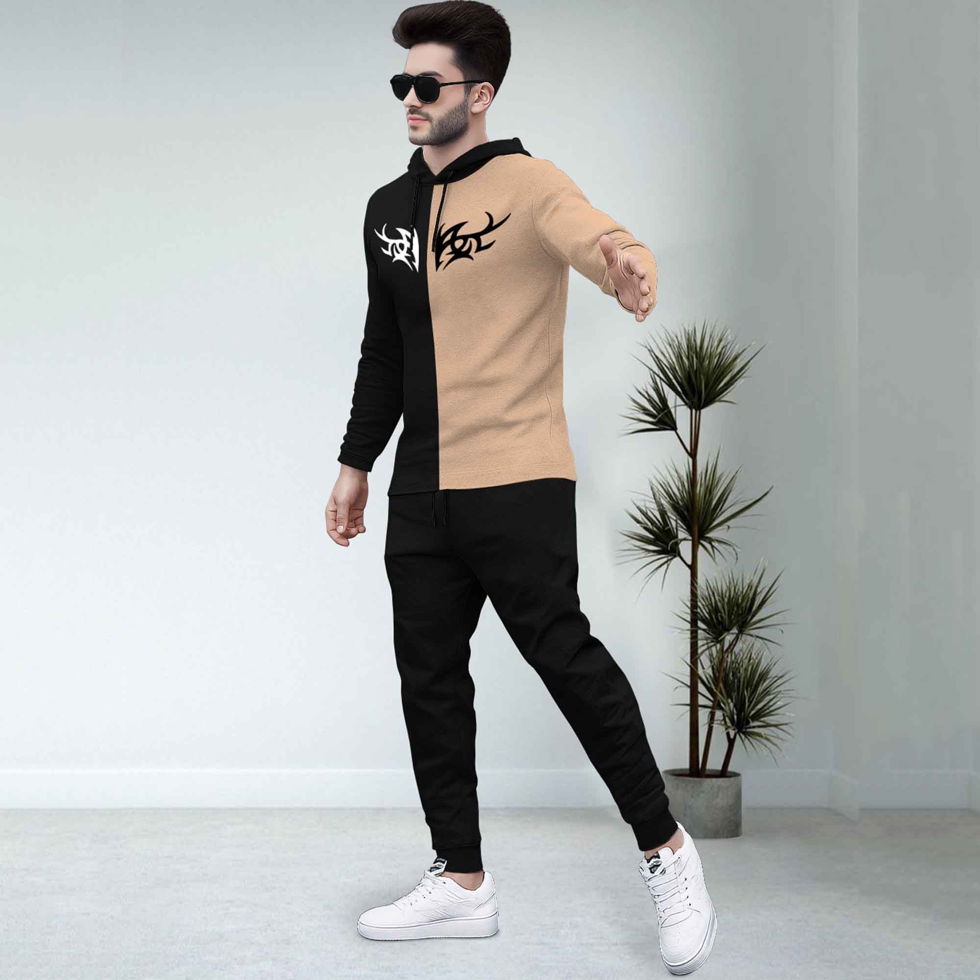 Dual Color Black T-shirt With Matching Black TrackPant Hoodie Tracksuit