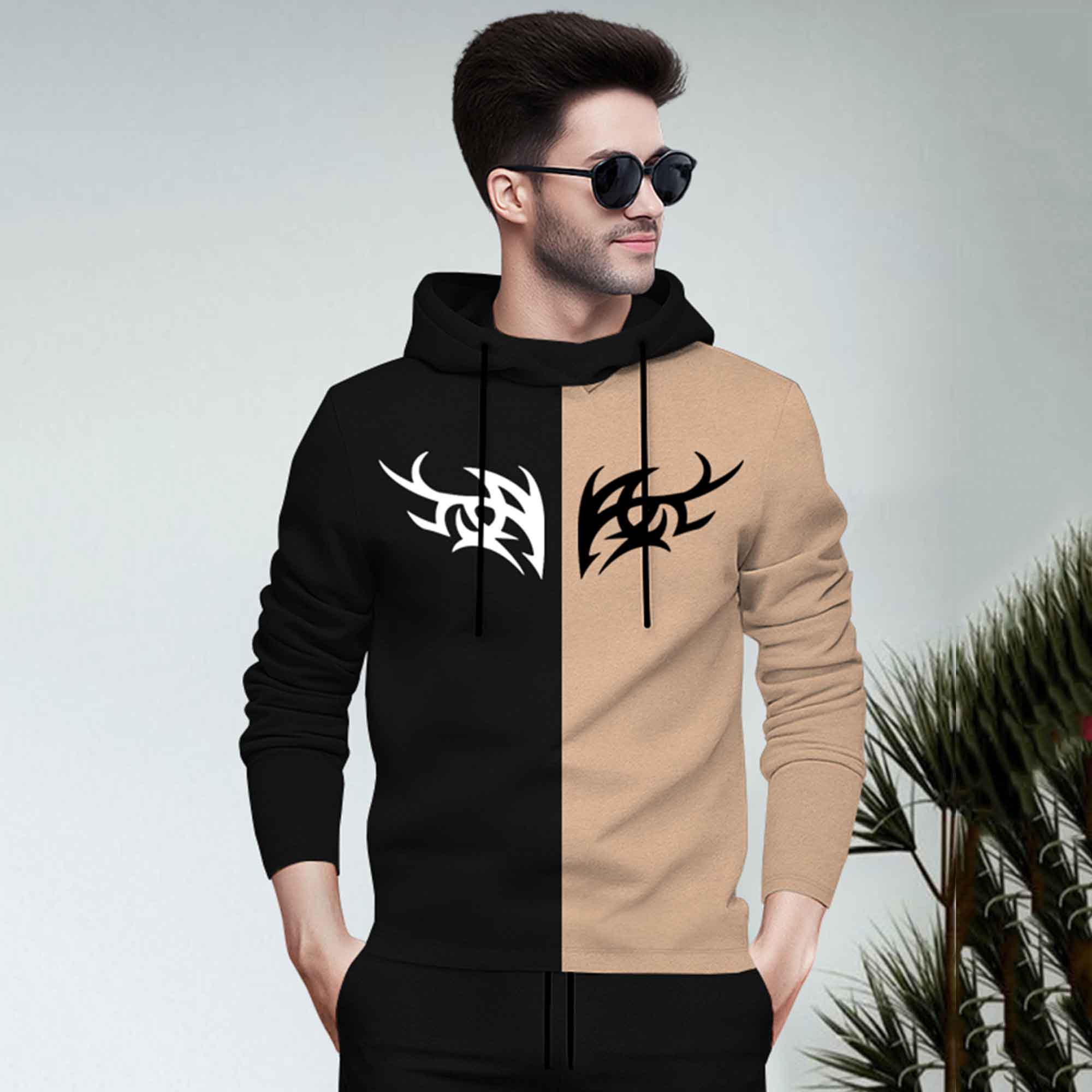 Dual Color Black T-shirt With Matching Black TrackPant Hoodie Tracksuit