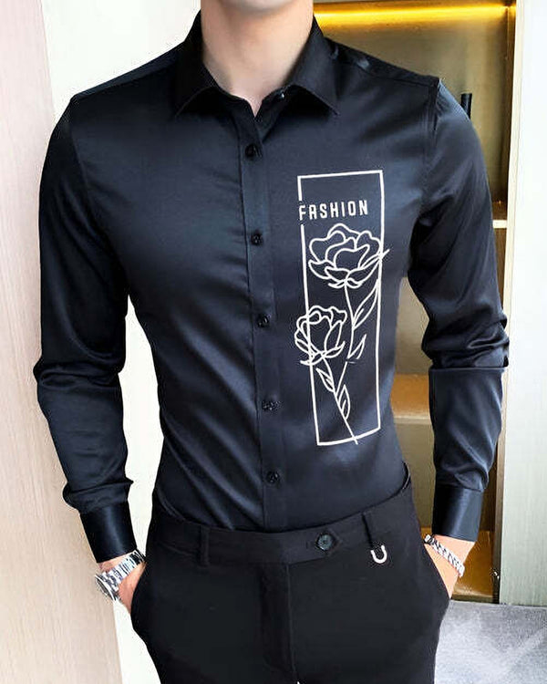 Men Rose Print Black Party Wear Shirt