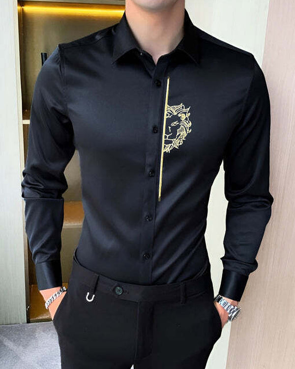 Men Roar Print Black Party Wear Shirt