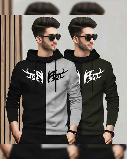 Pack Of 2 Full Sleeve Dual Color Printed Hooded T-shirts 7 Variants