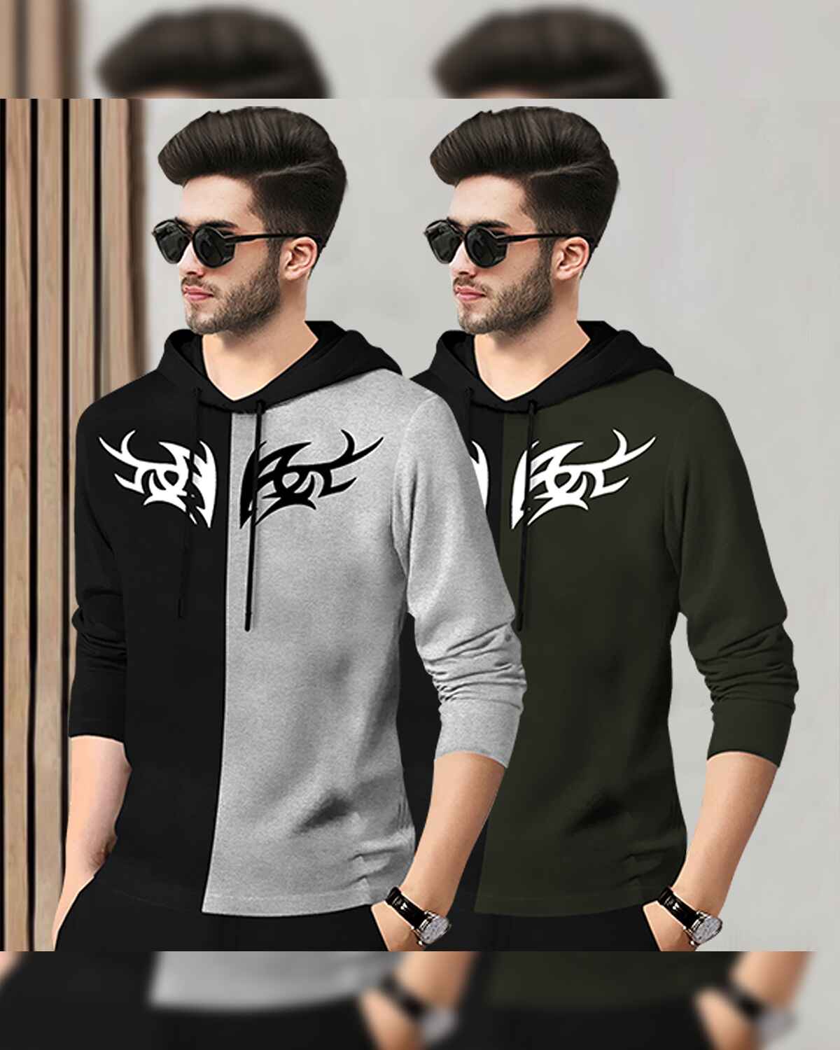 (Pack Of 2) Mens Printed Hooded Full Sleeve T-shirt Black & Olivegreen