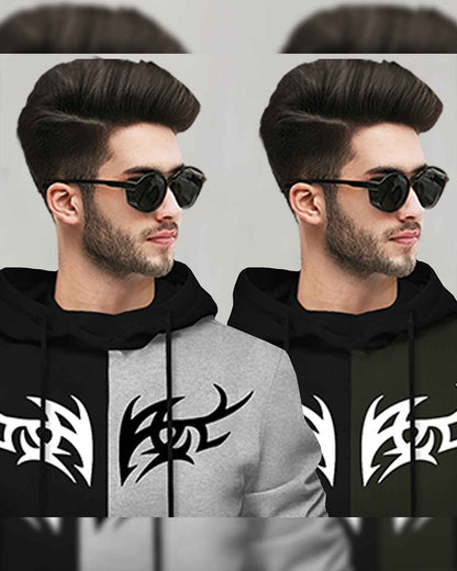 (Pack Of 2) Mens Printed Hooded Full Sleeve T-shirt Black & Olivegreen