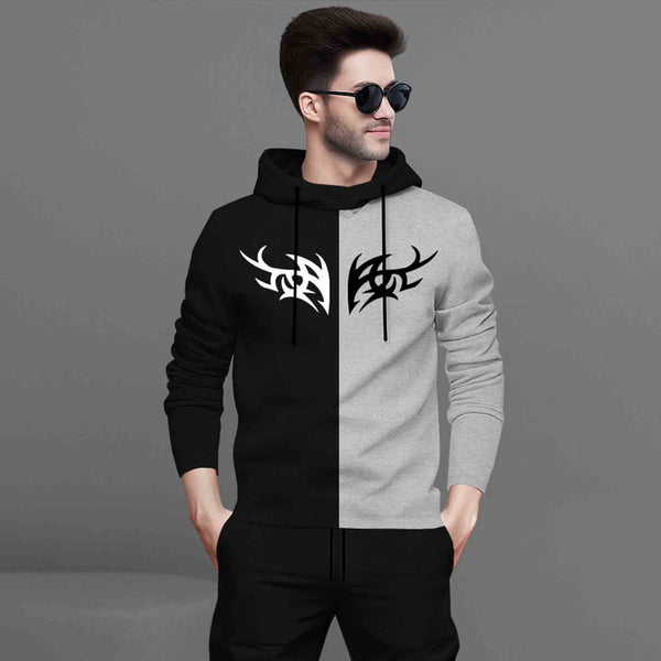 Mens Full Sleeve Hooded Neck Dual Color Printed T-shirt Black & Grey