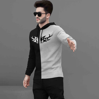 Mens Full Sleeve Hooded Neck Dual Color Printed T-shirt / Black & Grey